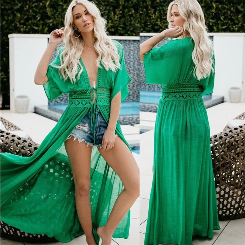 Emerald Green Boho Tunic Dress Beach Cover Up